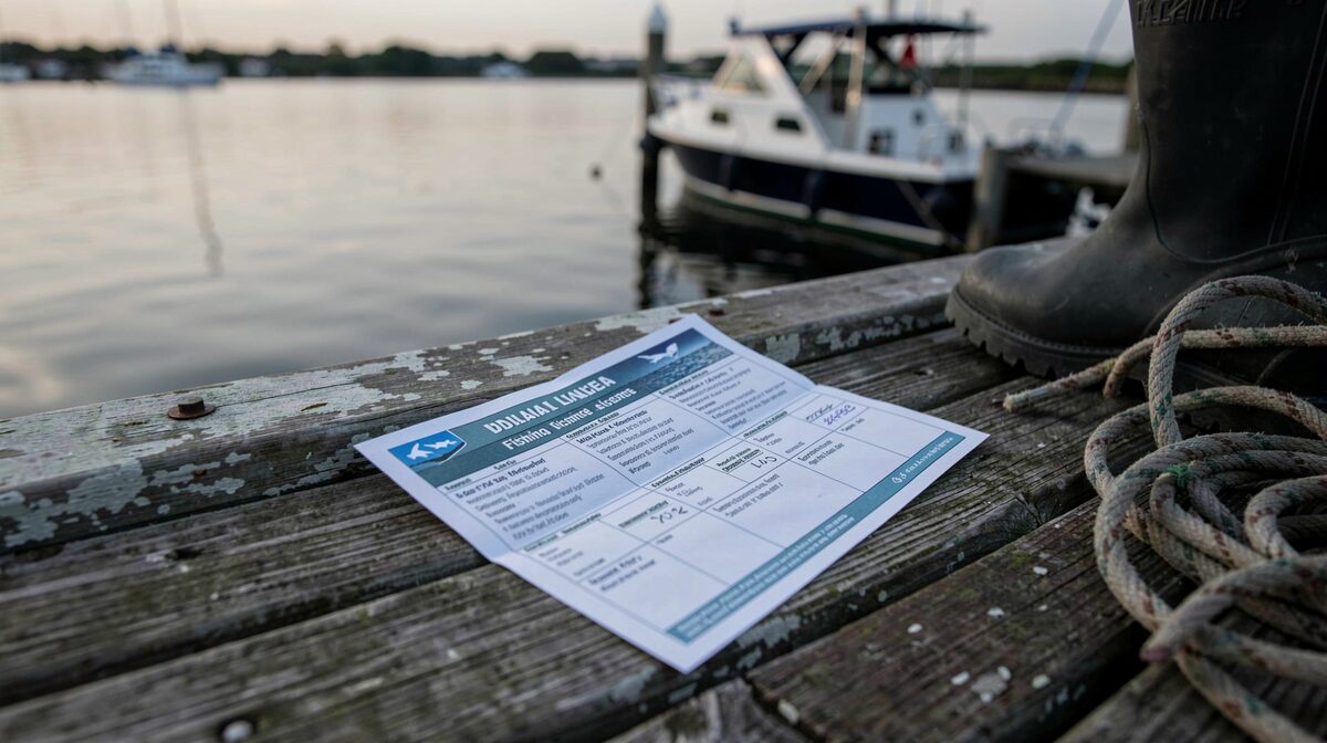 A printed tidal waters fishing licence and a folded marine forecast page on a wooden dock rail at first light, a rubber boot and a coil of line at the edge of the frame, calm harbour water behind.