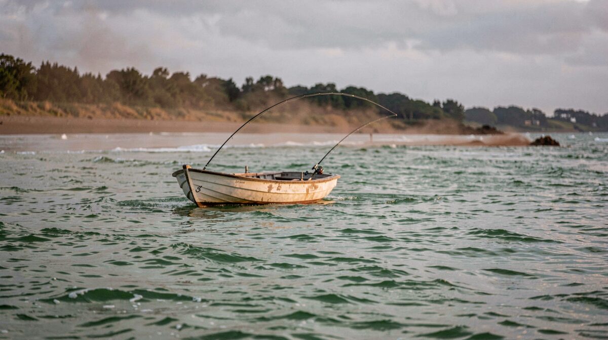 A small open boat drifting off a river mouth on the north coast at first light, a faint brown plume edge visible against green salt water, a fly rod bent over the surface, low overcast and a light chop.
