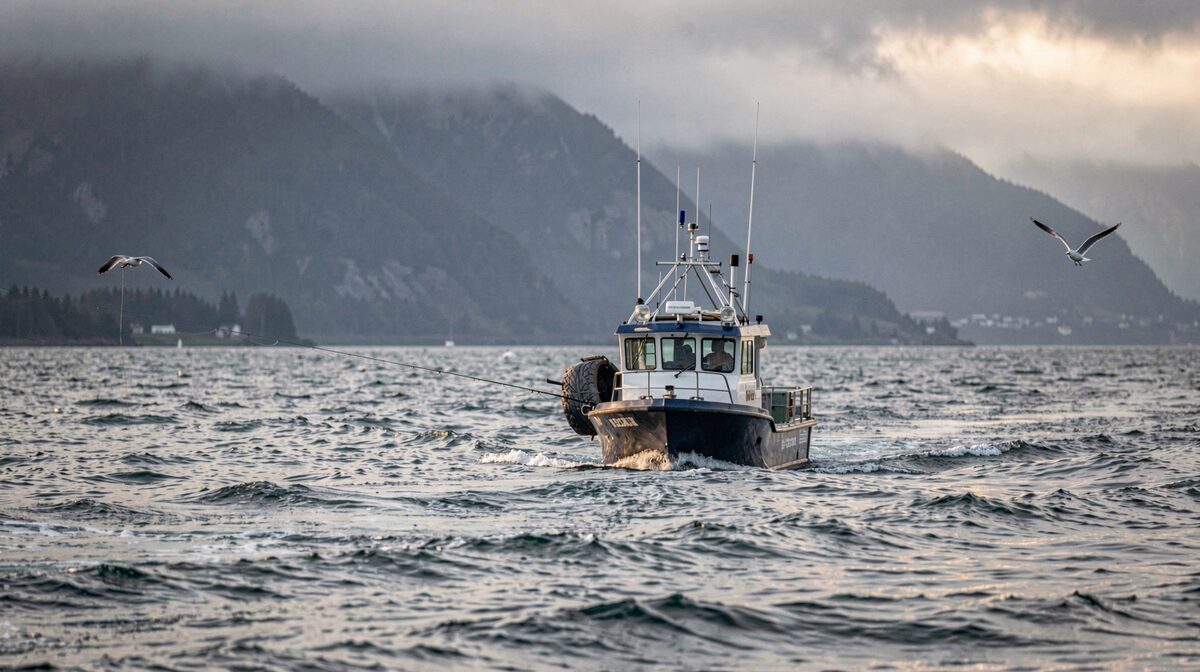 A salmon troller working a tide line off the north coast of British Columbia at first light, the boat quartering a line of current with the Coast Mountains behind, grey water and low cloud, gulls working above the rip