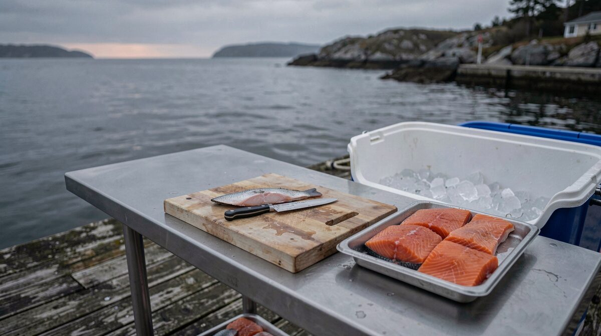 A stainless cleaning table at a north coast dock at first light, fillet knife and cutting board on the wet surface, a drained cooler of ice beside it, salmon fillets on a tray, low grey light off the water.