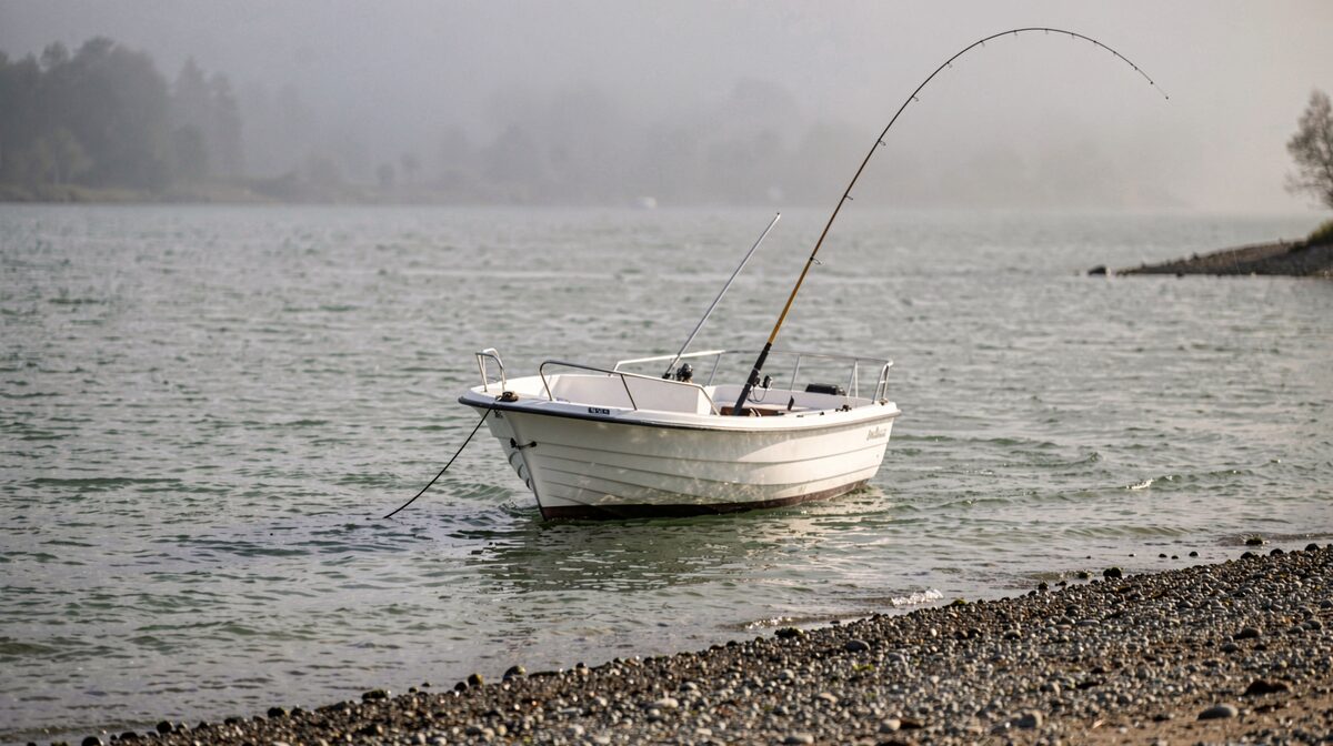 A small white charter boat anchored over a gravel bank in grey-green water, a halibut rod bent over the rail, low morning light and a fog bank on the far shore.
